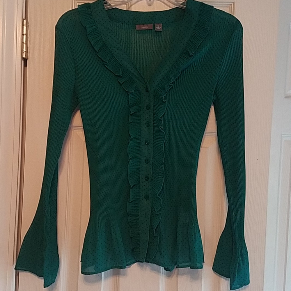 Green button up blouse with black dots